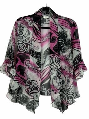 Nicola Artsy Open Front 3/4 Sleeve Ruffle Trim Sheer Kimono XL Black Pink